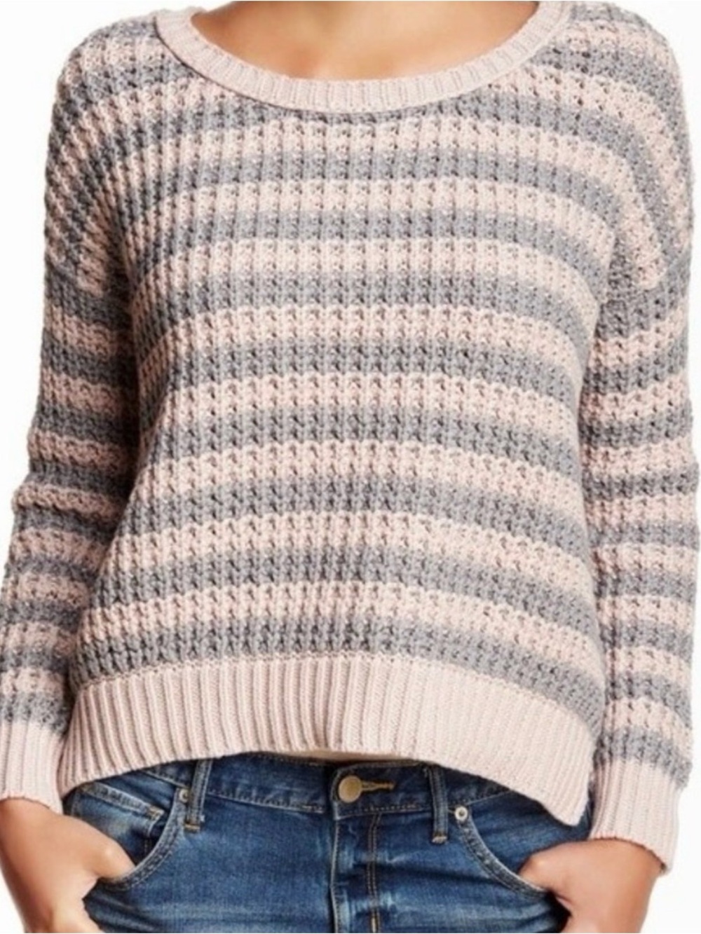 Free People Women’s At the Beach Soft Pink and Gray Cotton Sweater, Size Medium